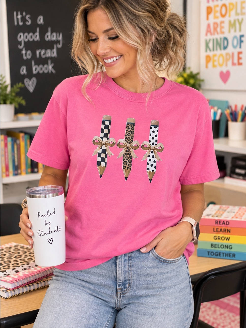 Comfort Colors Pink Teacher T Shirt Medium Pencil Bow Leopard Checkered